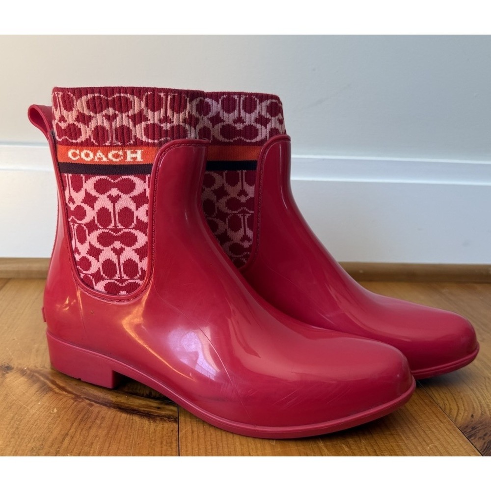 Coach Rivington Womens Signature Red Candy Apple Rain Ankle Boots Shoes Sz 8